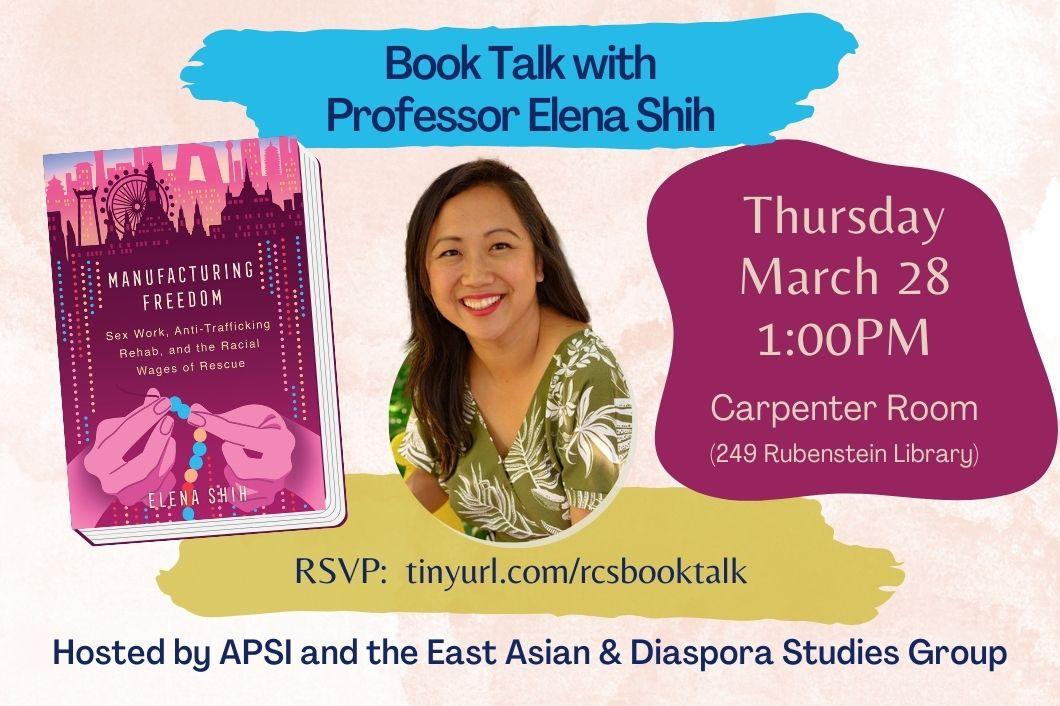 Headshot of Elena Shih; event information (title, date, time, location, RSVP link, organizers); a cover of a book