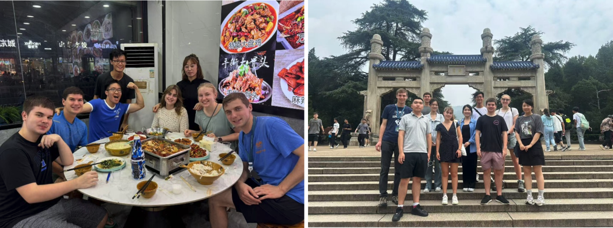 left: a photo of a group of people dining around a circular table; right: a group of people standing on stone steps in front of a Chinese gateway