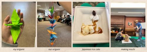 l–r: a grid of photos showing origami cranes, Japanese mochi, and two people making mochi