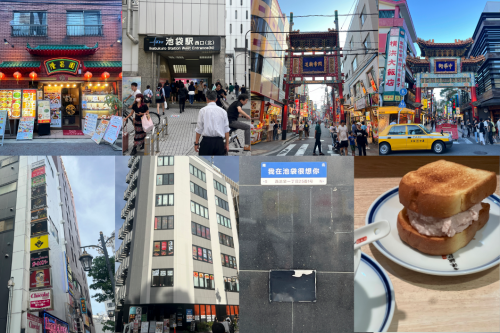 A grid of photographs showing aspects of Chinatowns in Japan