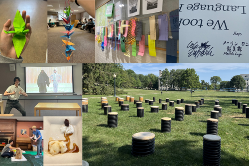 A grid of photos showing origami, wish notes, a language pledge, an instructor in a classroom, making mochi, mochi, and a grassy field with seats and taiko drums