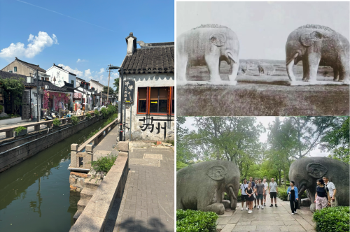 left: buildings along a canal (Pingjiang Road) in Suzhou; right: a group of people stand among stone elephant sculptures at the Ming Xiaoling Mausoleum
