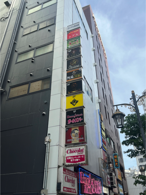 Subtle advertisements indicating the floors of particular shops stacked vertically along the side of a building in Japan