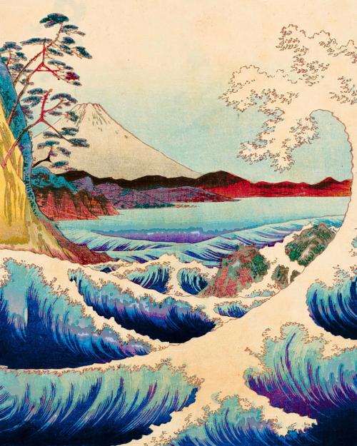 Japanese woodblock print of waves with a background of a mountainous coastline
